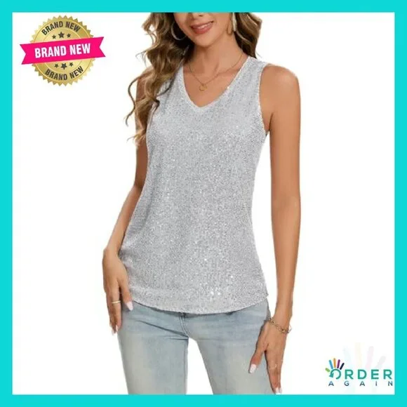 Sequin Tank Top Glitter Party Shirt V-Neck Loose Fit Shimmer Blouse Chic - Picture 5 of 8